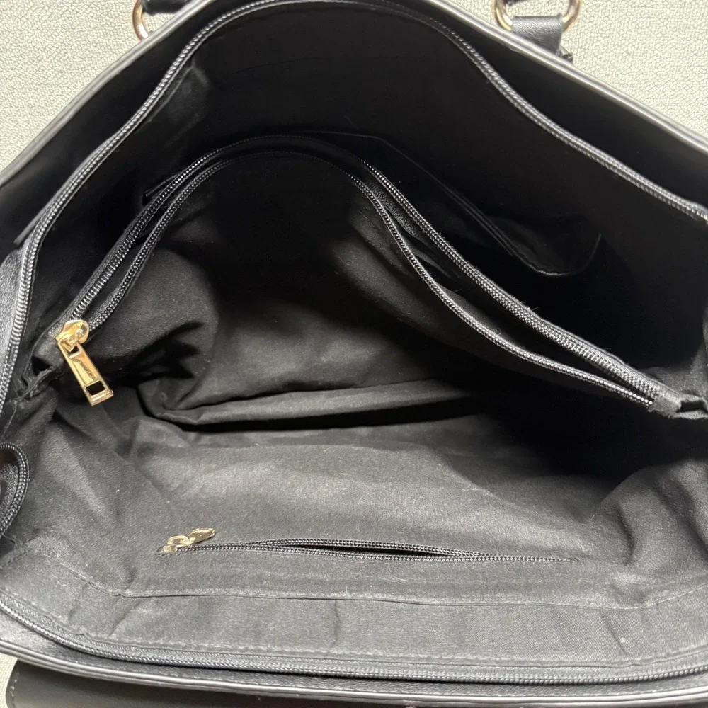 Black Faux Leather Satchel Handbag Large Tote Purse Gold Hardware Edgy Workwear